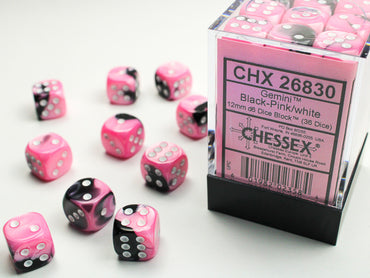 Chessex Gemini Black-Pink/white 12mm d6 Dice Block (36 dice)