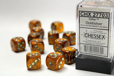 Chessex Glitter Gold/silver 16mm d6 Dice Block (12 dice)
