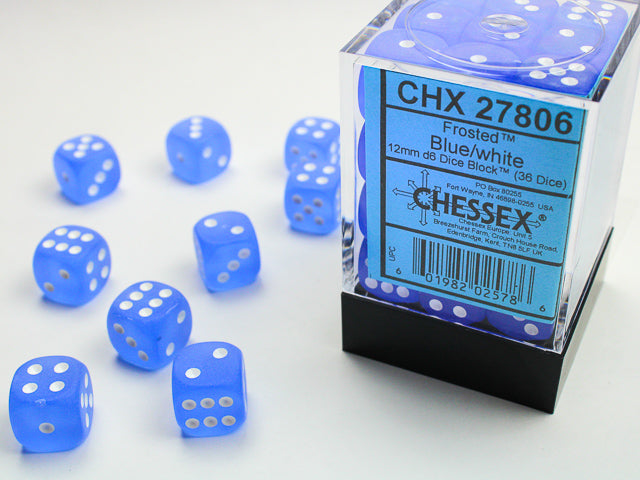 Chessex Frosted Blue/white 12mm d6 Dice Block (36 dice)