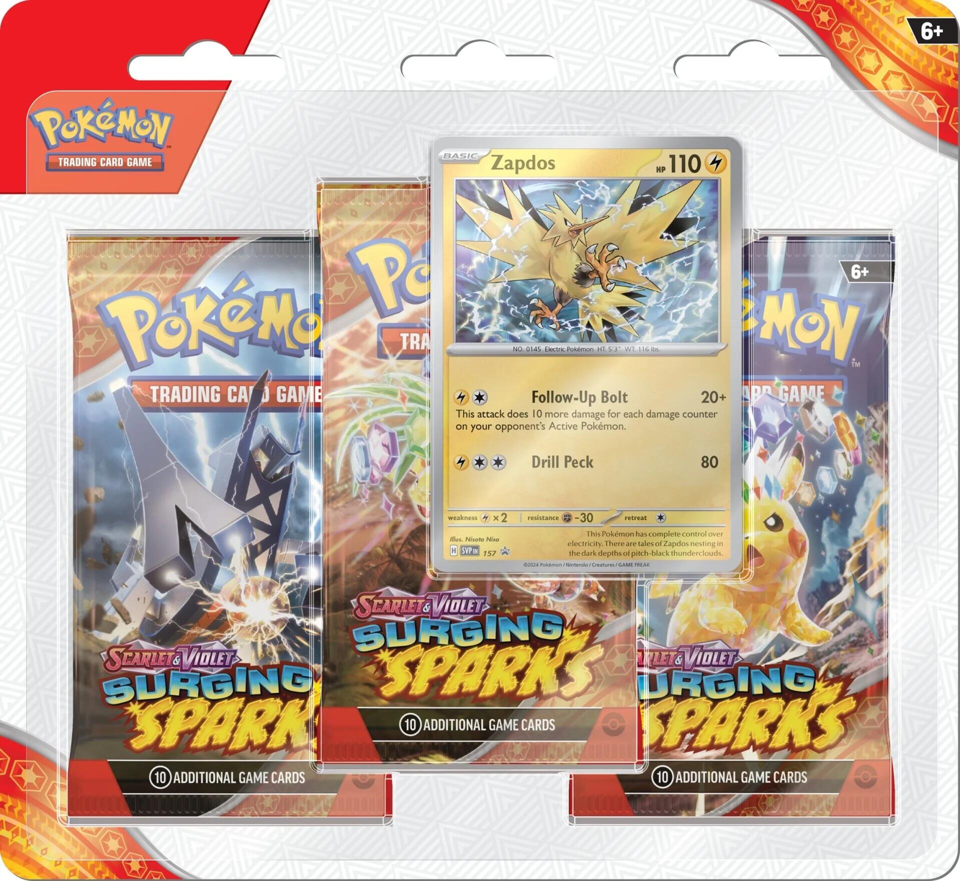 Preorden | Scarlet & Violet: Surging Sparks - 3 Pack Blisters (Zapdos)