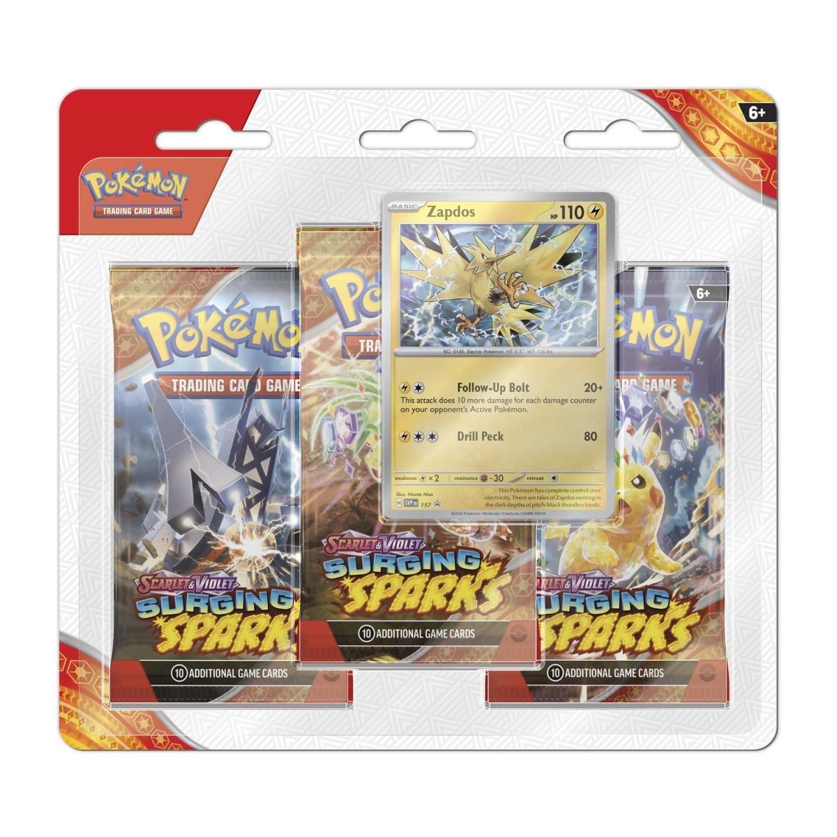 Surging Sparks - 3 Blister Booster Packs & Zapdos Promo Card