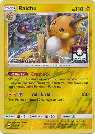 Raichu (41/147) (League Promo 3rd Place) [Sun &amp; Moon: Burning Shadows] 