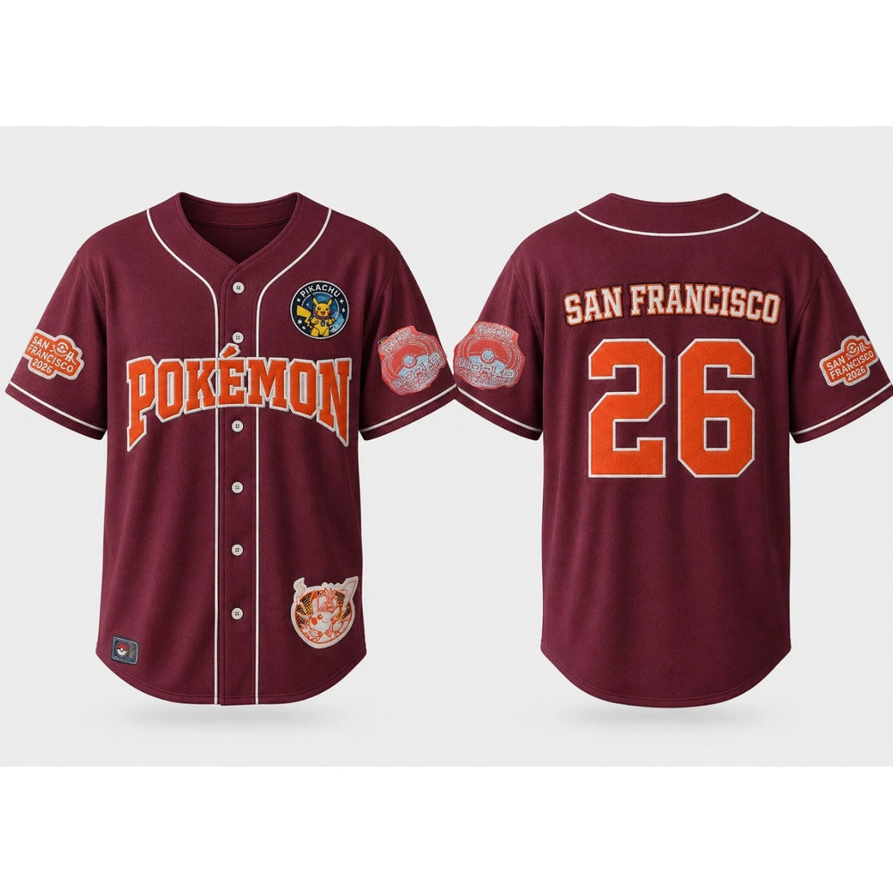 Pokemon: San Francisco Exclusive World 2026 - Maroon Red Baseball Jersey - Adult L