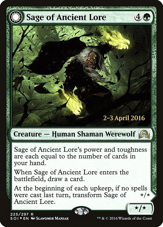 Sage of Ancient Lore // Werewolf of Ancient Hunger [Shadows over Innistrad Prerelease Promos] 